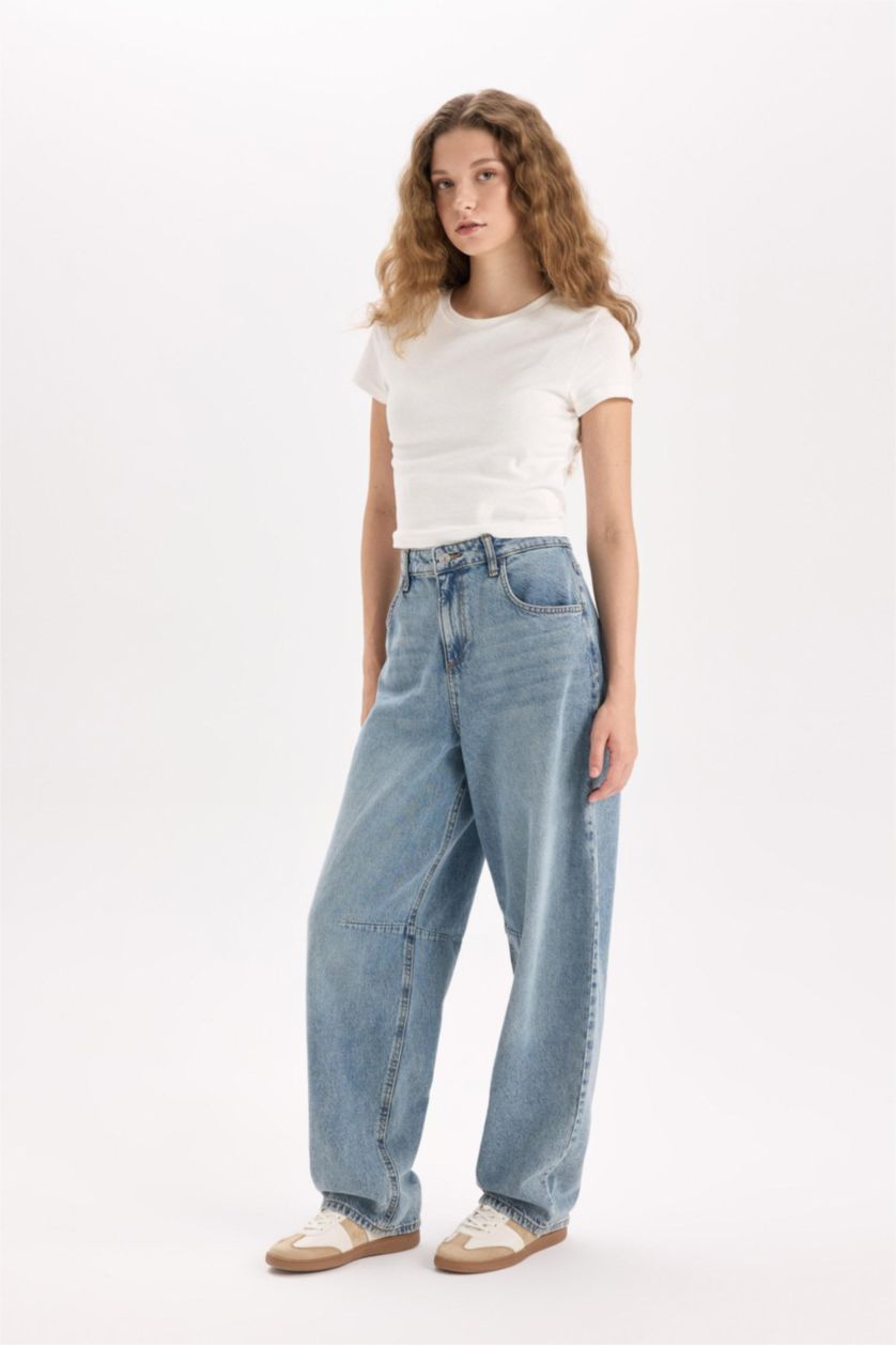 FEMME Bleu Pantalon Jean Baggy long à taille haute