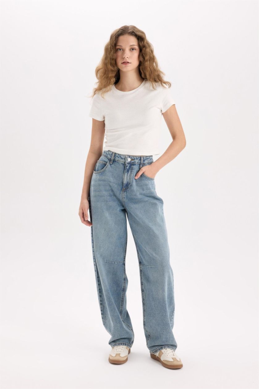 FEMME Bleu Pantalon Jean Baggy long à taille haute