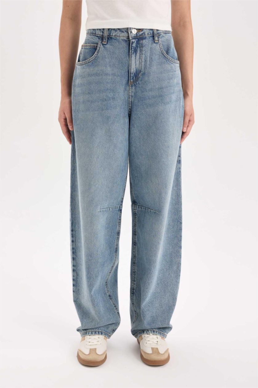 FEMME Bleu Pantalon Jean Baggy long à taille haute