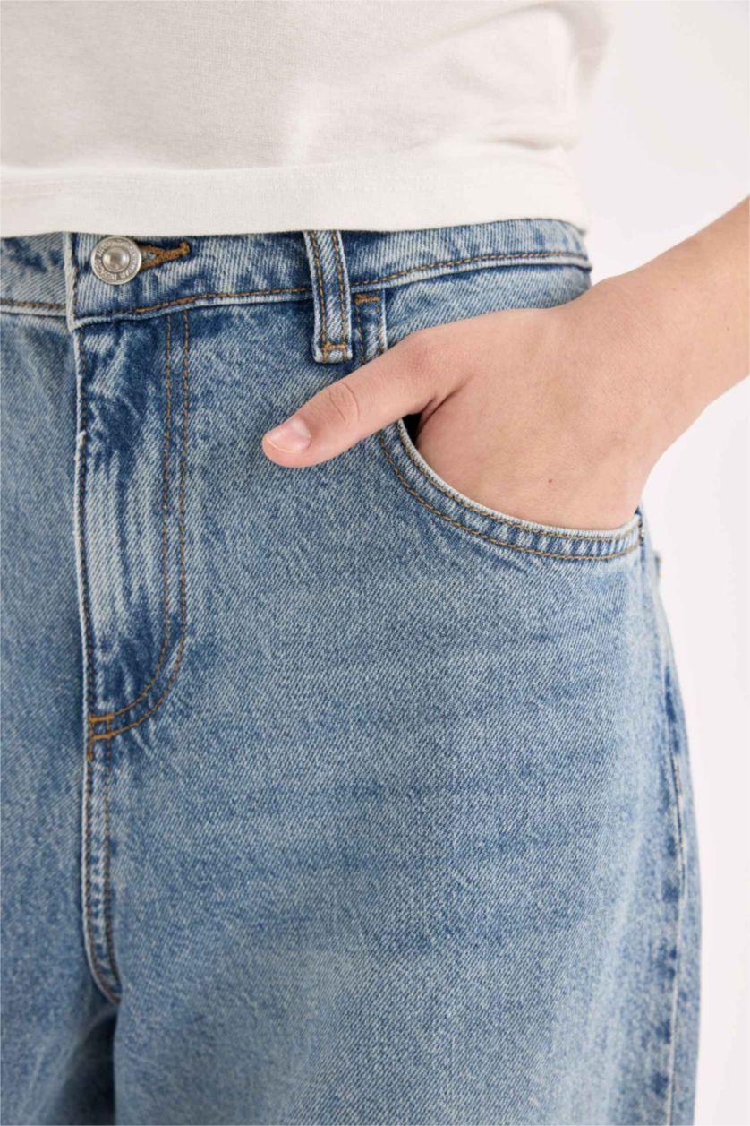FEMME Bleu Pantalon Jean Baggy long à taille haute