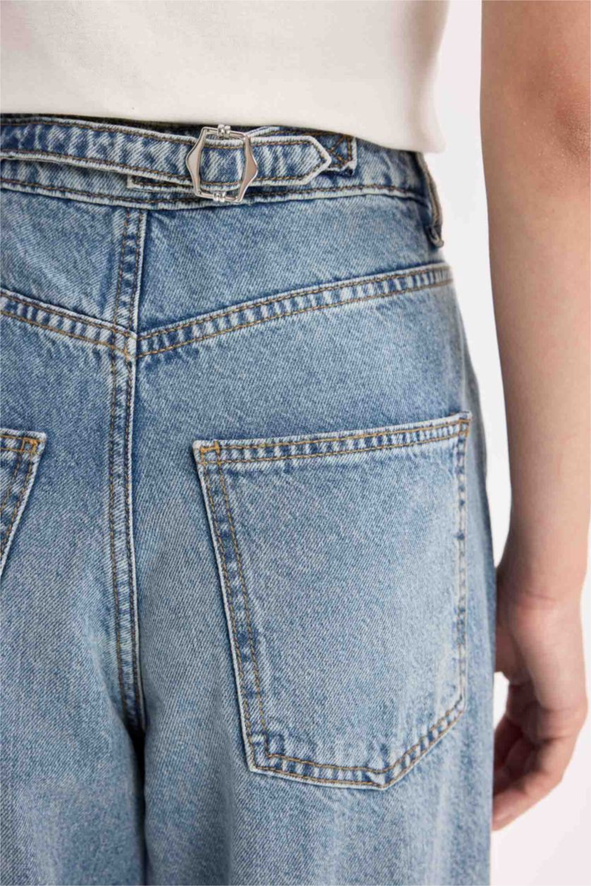 FEMME Bleu Pantalon Jean Baggy long à taille haute