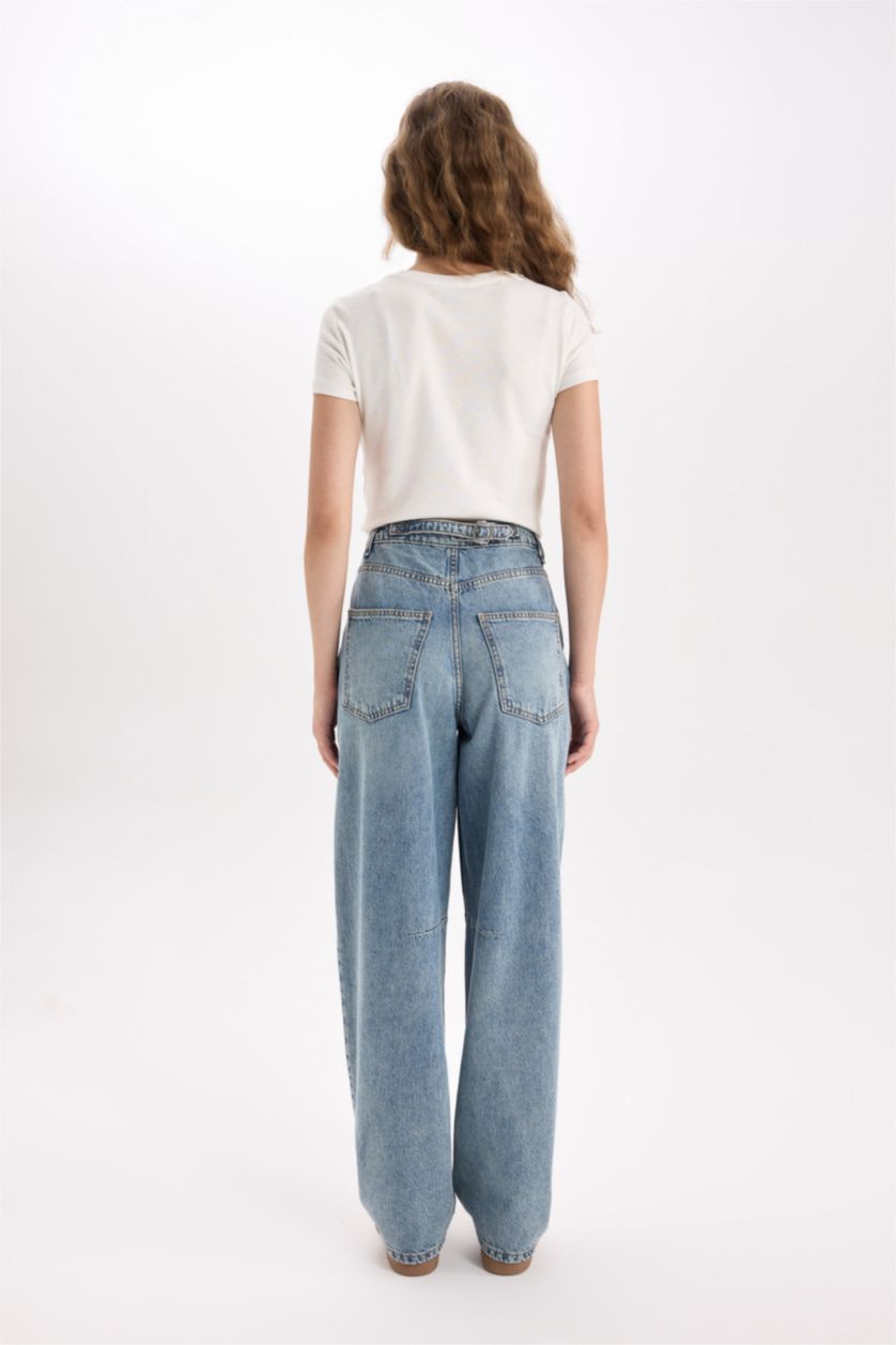 FEMME Bleu Pantalon Jean Baggy long à taille haute