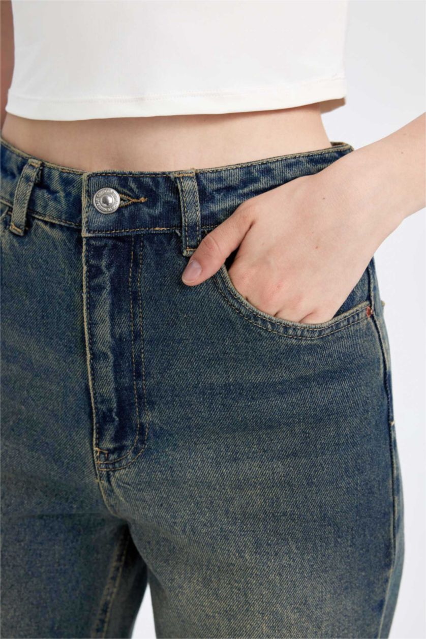 نساء أزرق بنطرون جينز وايد ليج برجل واسع بخصر عالي وتأثير باهت