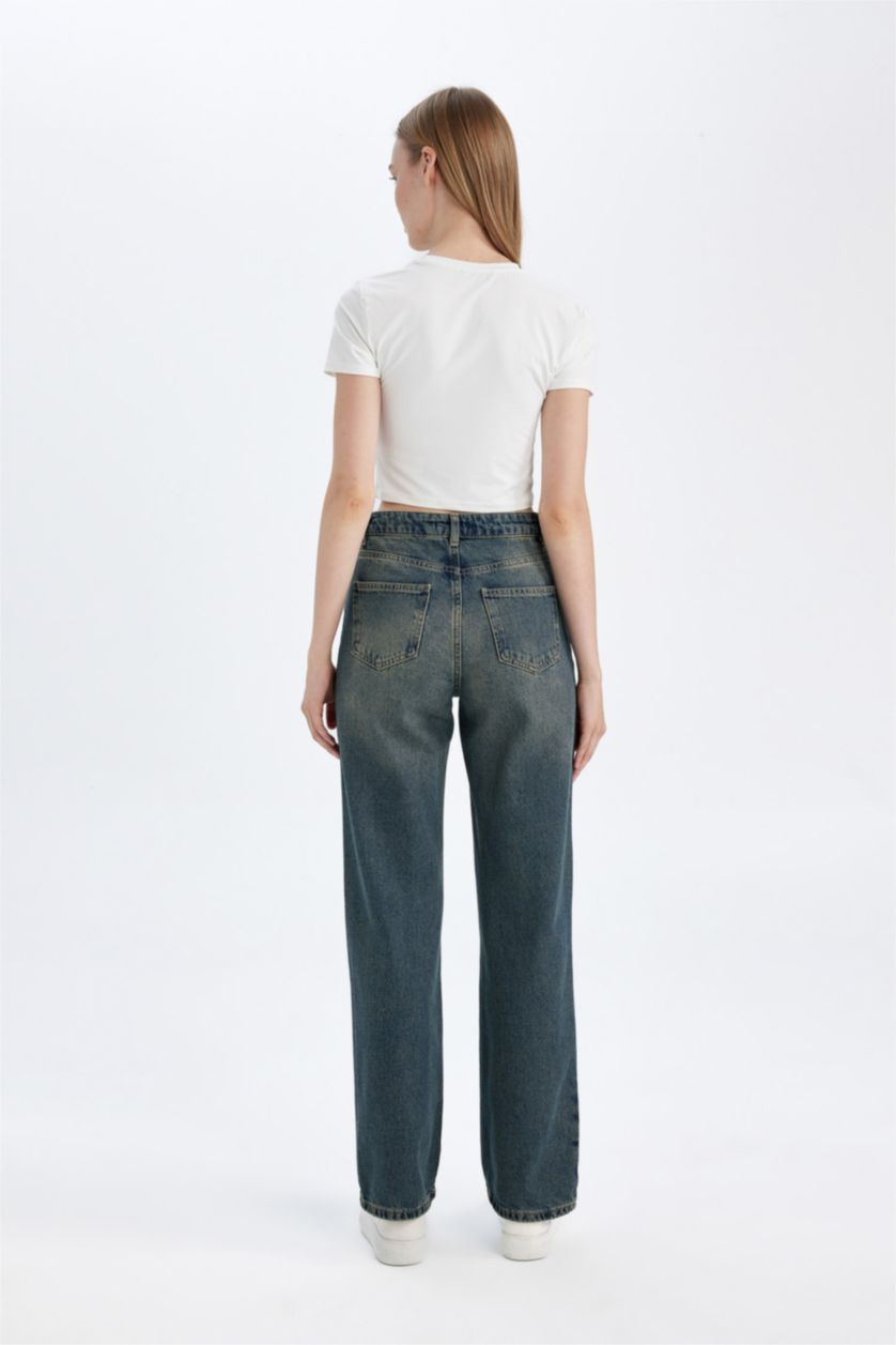 نساء أزرق بنطرون جينز وايد ليج برجل واسع بخصر عالي وتأثير باهت