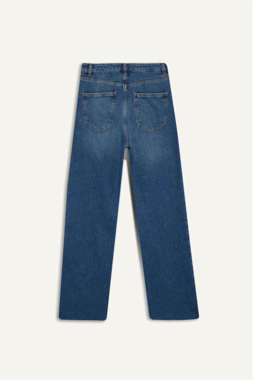 WOMAN Dark Blue 90's Wide Leg Ripped Detailed High Waist Washed Jeans