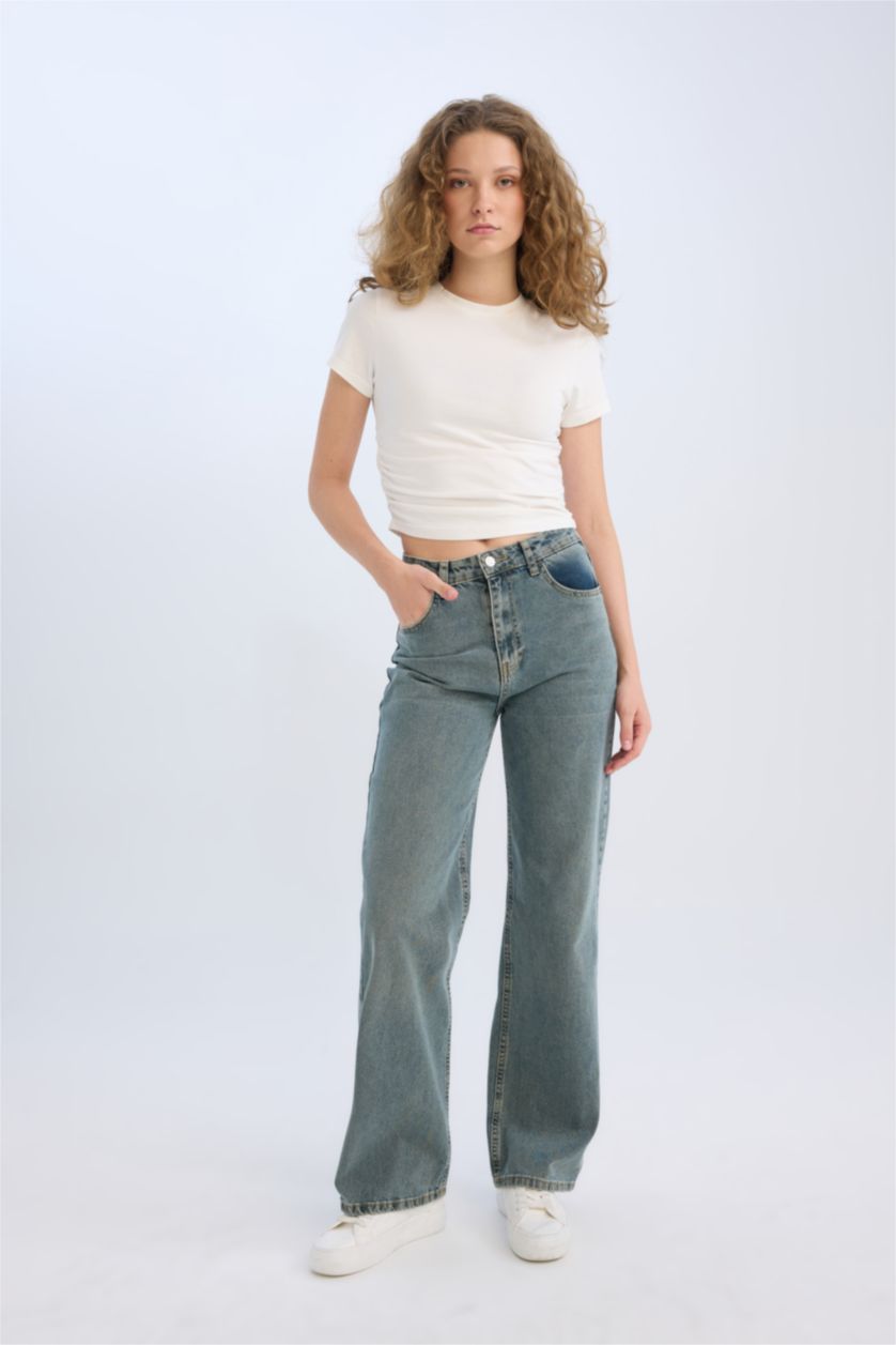 FEMME Indigo Clair Pantalon Jean délavé taille haute large Style des années 90
