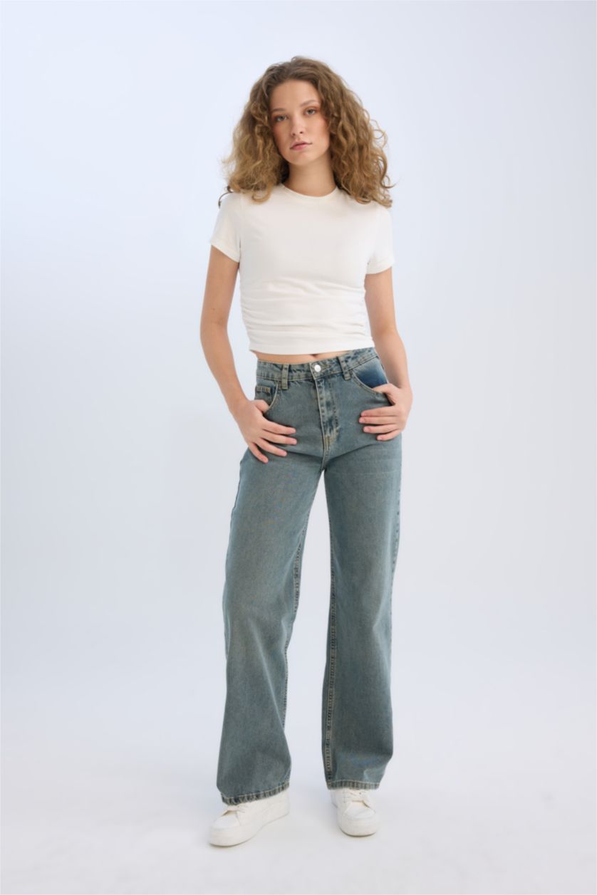 FEMME Indigo Clair Pantalon Jean délavé taille haute large Style des années 90