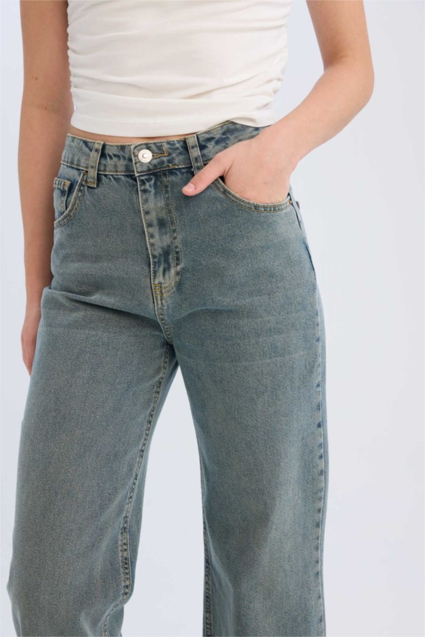 FEMME Indigo Clair Pantalon Jean délavé taille haute large Style des années 90