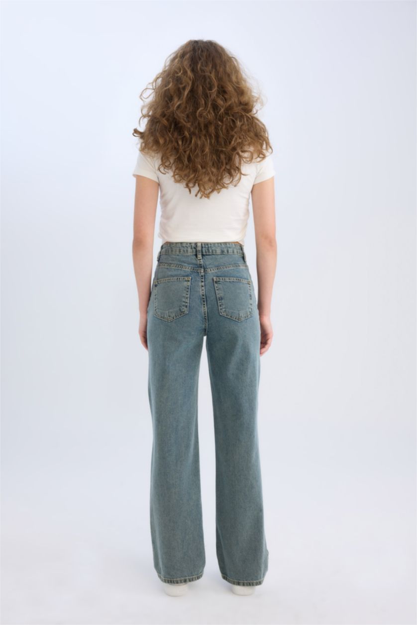 FEMME Indigo Clair Pantalon Jean délavé taille haute large Style des années 90