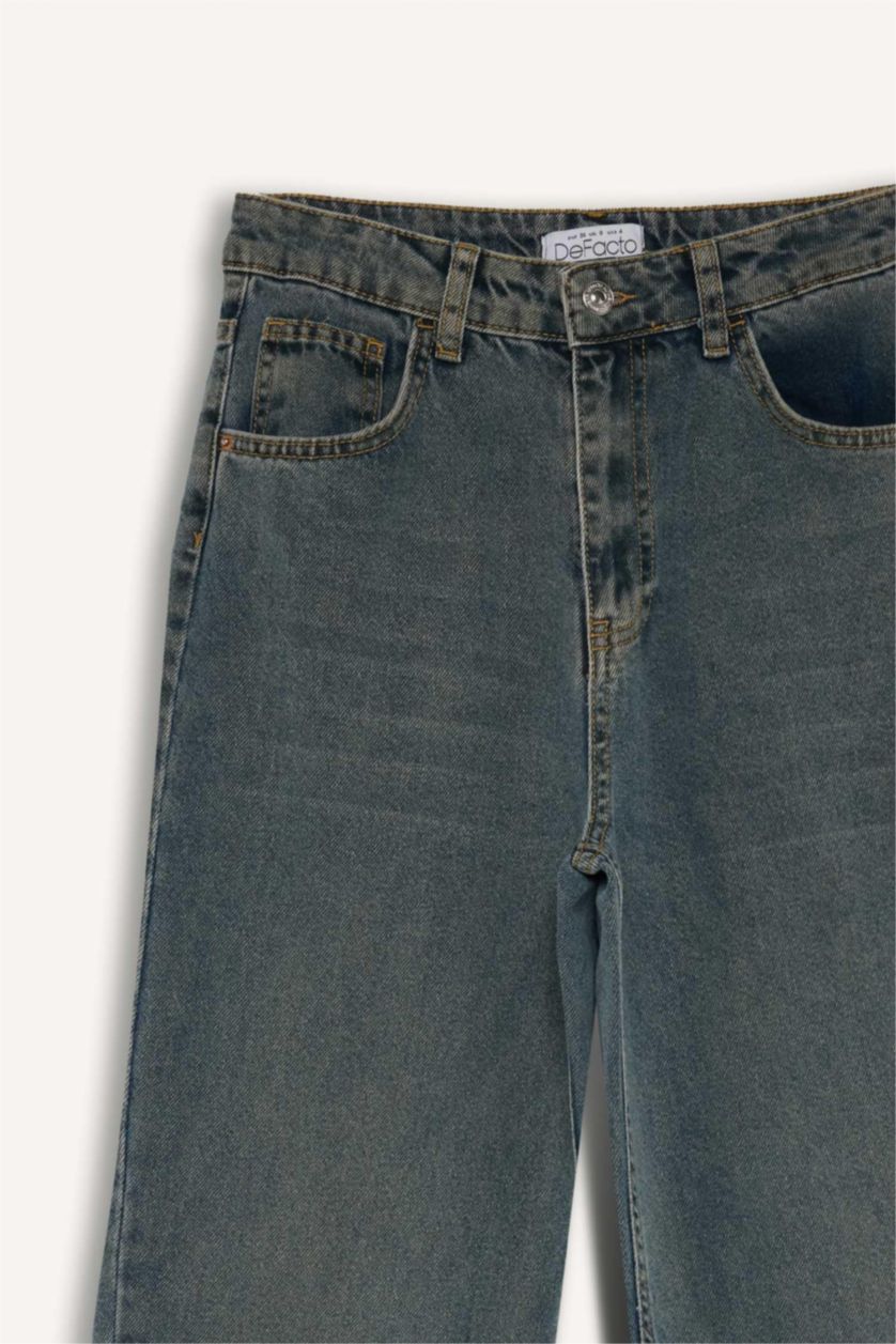 FEMME Indigo Clair Pantalon Jean délavé taille haute large Style des années 90