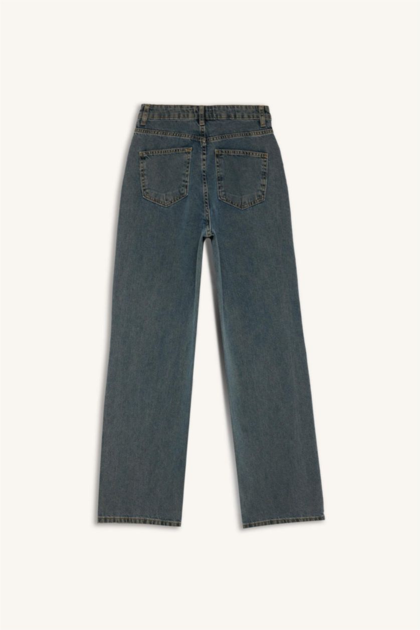 FEMME Indigo Clair Pantalon Jean délavé taille haute large Style des années 90