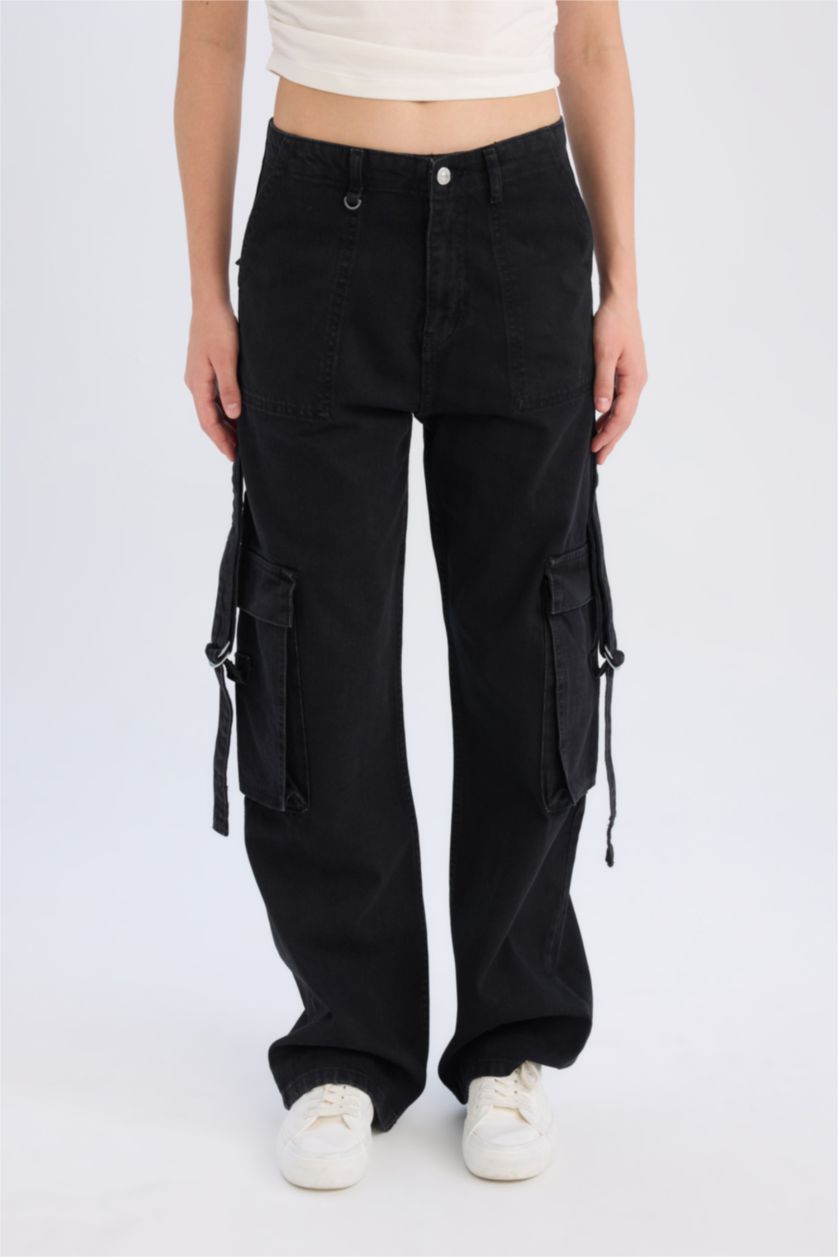 WOMAN Black Wide Leg High Waist Cargo Jeans