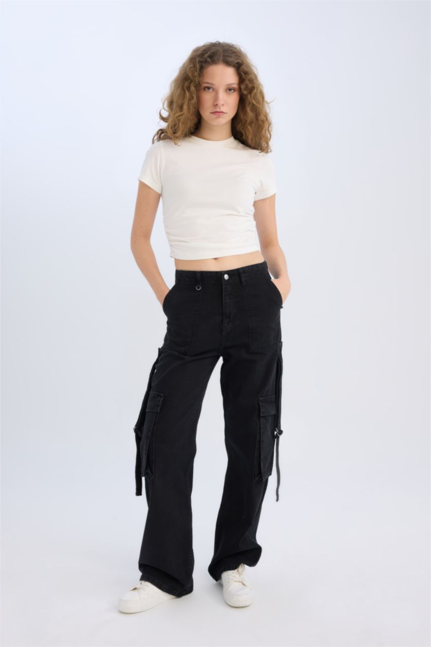 WOMAN Black Wide Leg High Waist Cargo Jeans