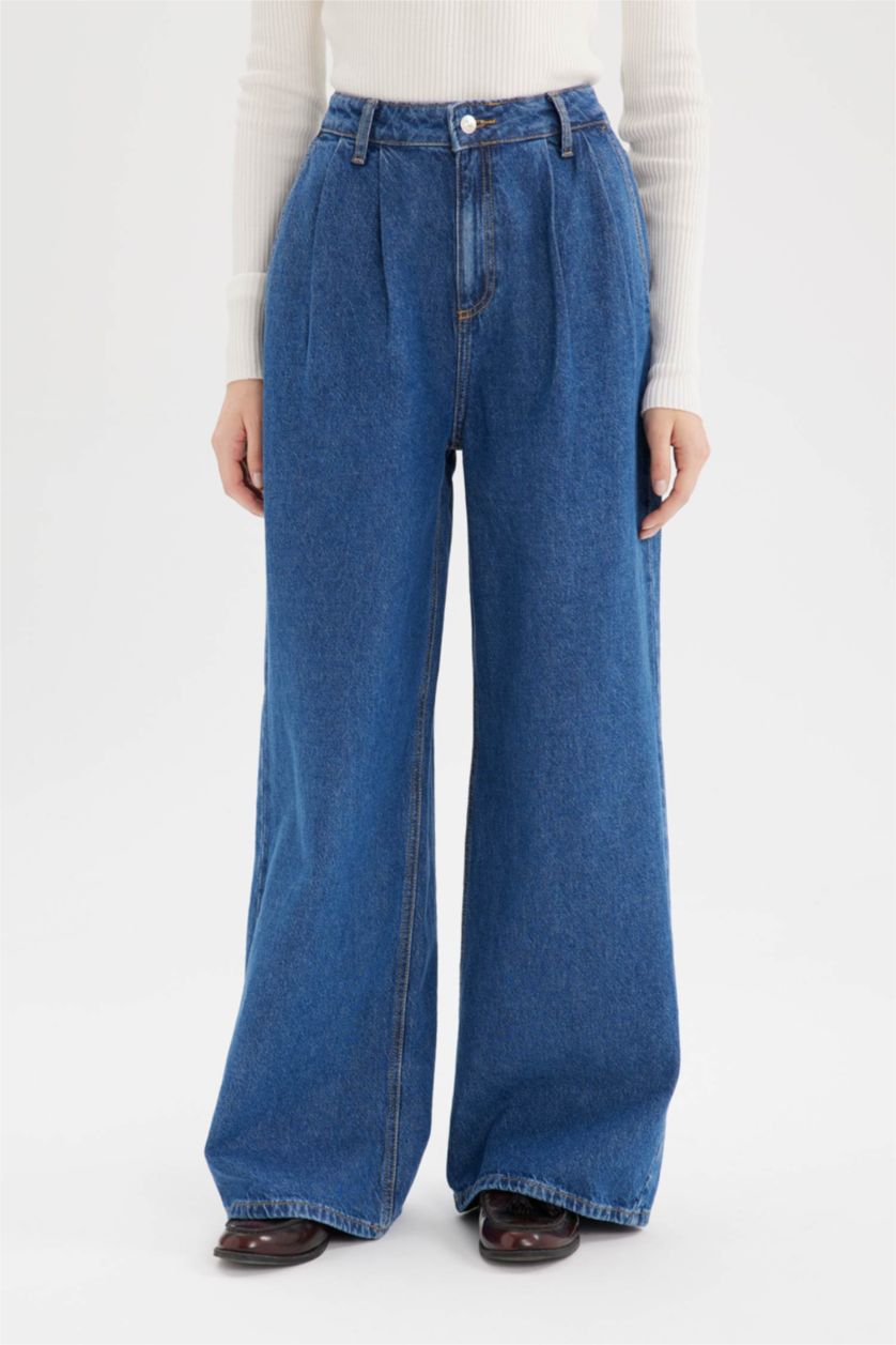 Kadın Koyu Mavi Yüksek Bel 90's Wıde Leg Pantolon