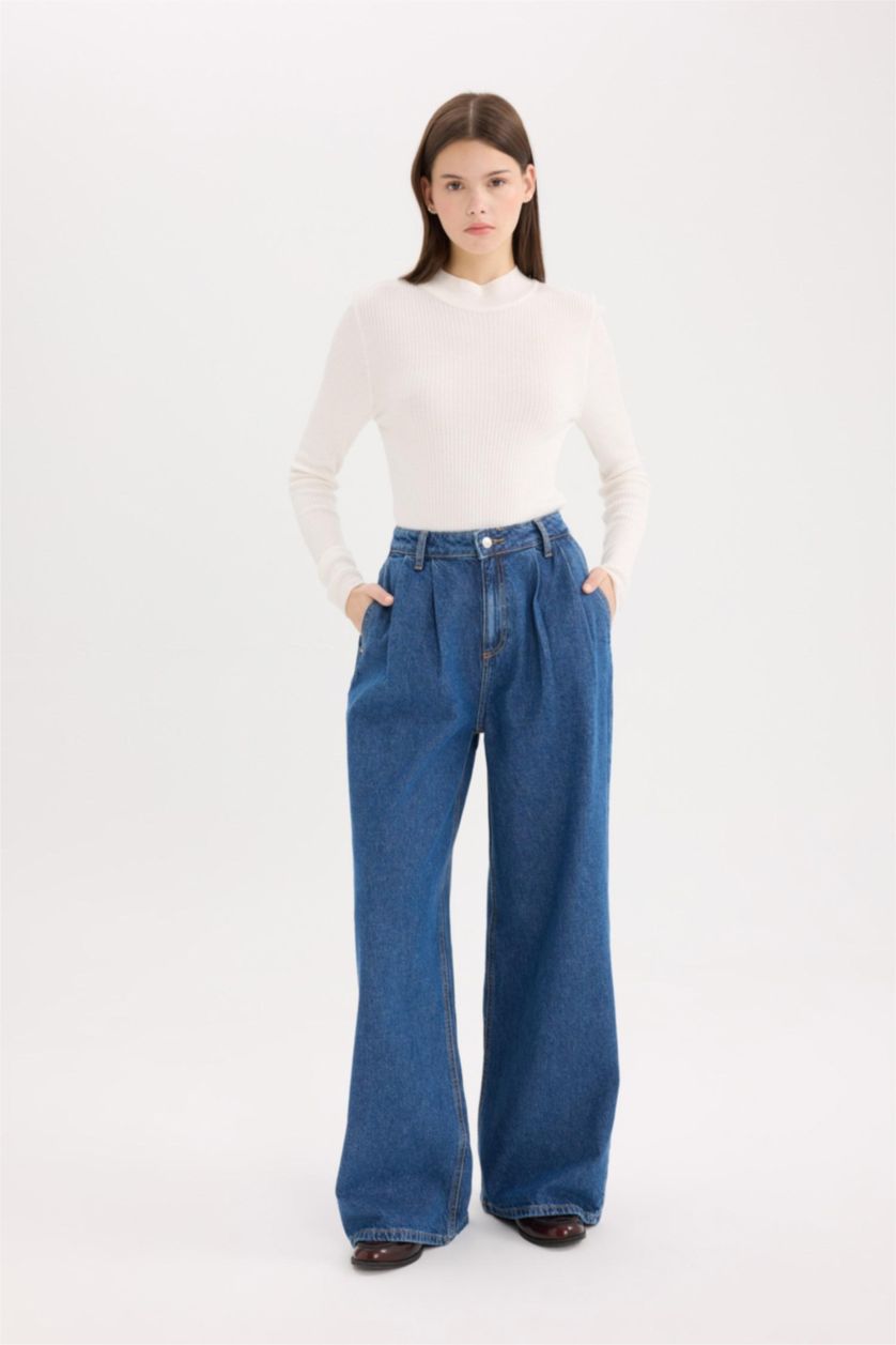 Kadın Koyu Mavi Yüksek Bel 90's Wıde Leg Pantolon