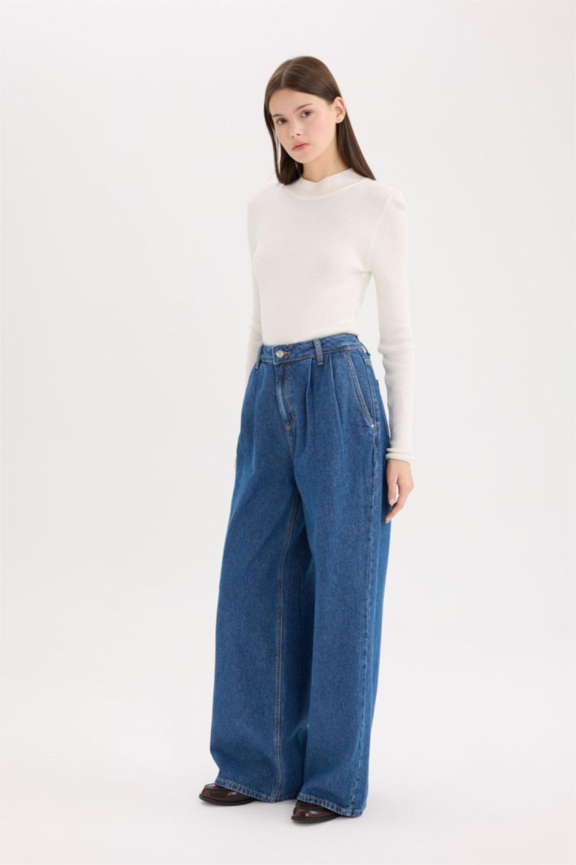 Kadın Koyu Mavi Yüksek Bel 90's Wıde Leg Pantolon