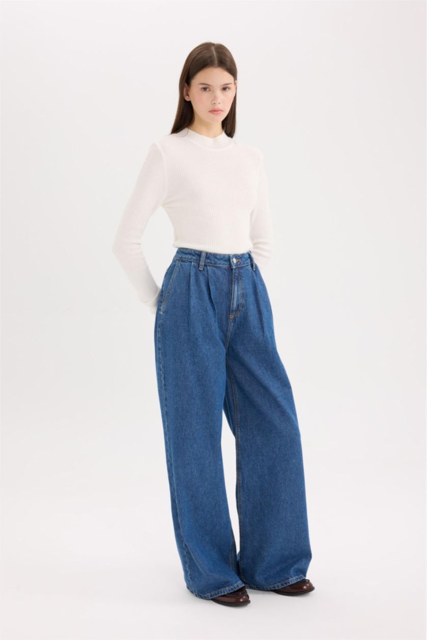 Kadın Koyu Mavi Yüksek Bel 90's Wıde Leg Pantolon