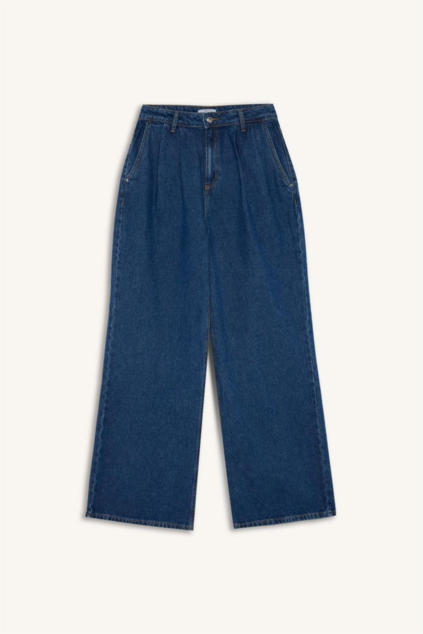 Kadın Koyu Mavi Yüksek Bel 90's Wıde Leg Pantolon