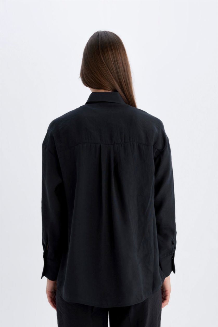 Kadın Siyah Relax Fit Modal Uzun Kollu Gömlek Tunik