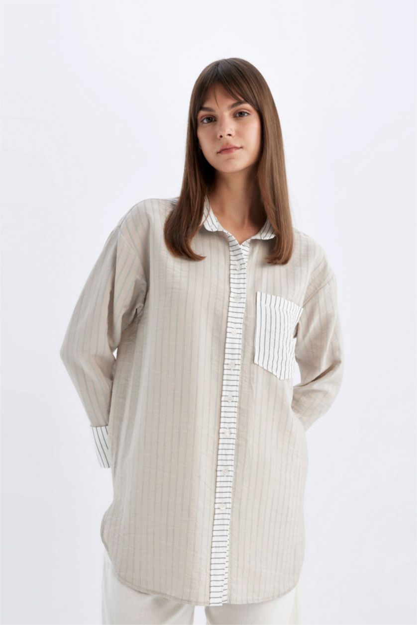 WOMAN Beige Relax Fit Striped Long Sleeve Shirt Tunic