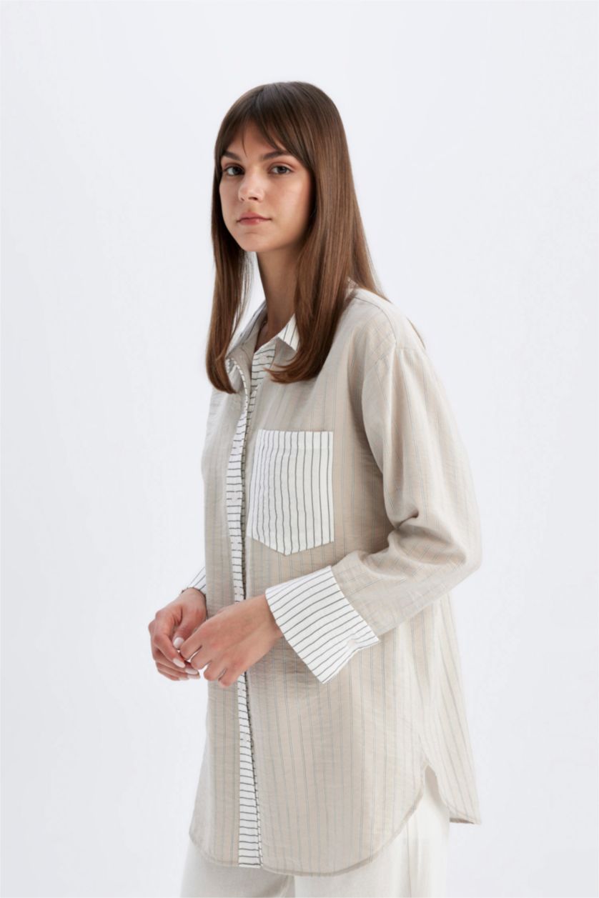 WOMAN Beige Relax Fit Striped Long Sleeve Shirt Tunic