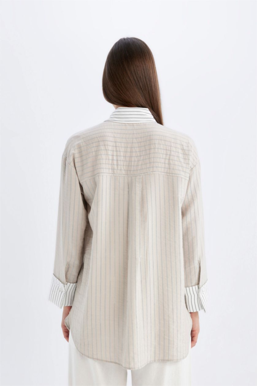 WOMAN Beige Relax Fit Striped Long Sleeve Shirt Tunic