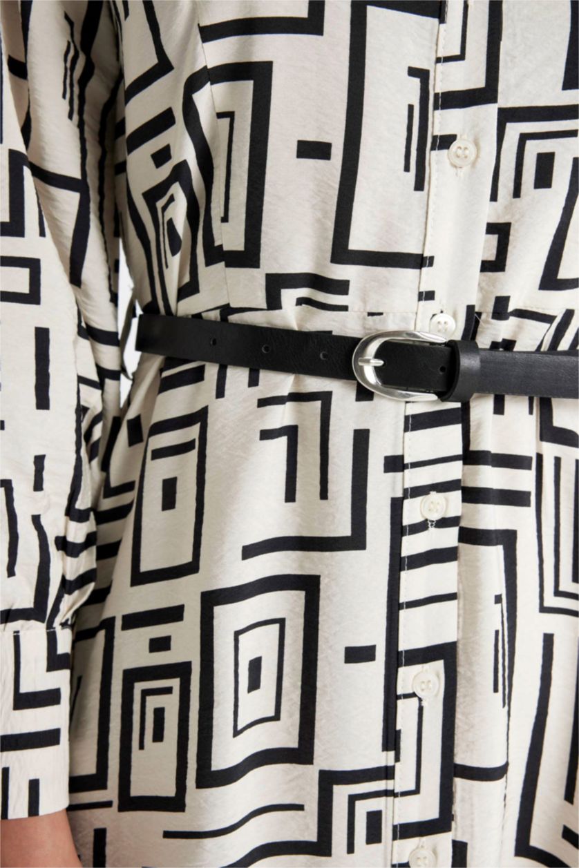 Woman Black Shirt Collar Printed Dress