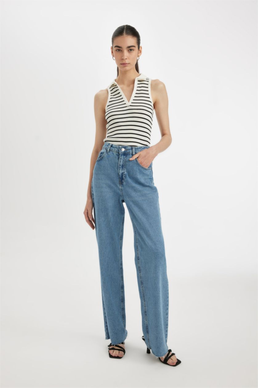 Kadın Ekru Slım Fıt Çizgili Polo Yaka Fitilli Kaşkorse Atlet