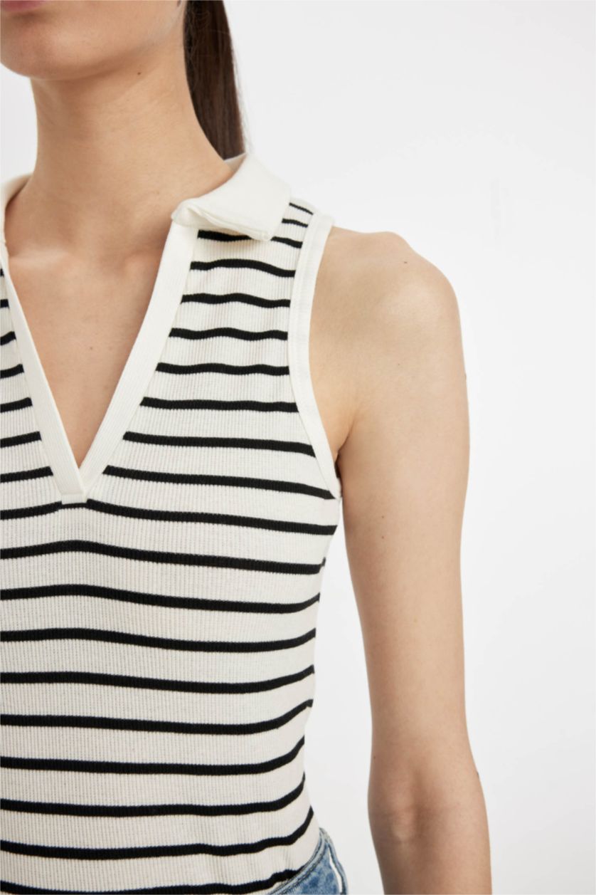 Kadın Ekru Slım Fıt Çizgili Polo Yaka Fitilli Kaşkorse Atlet