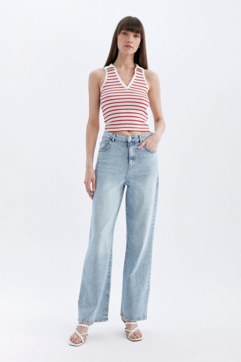 Kadın Kırmızı Slım Fıt Çizgili Polo Yaka Fitilli Kaşkorse Atlet