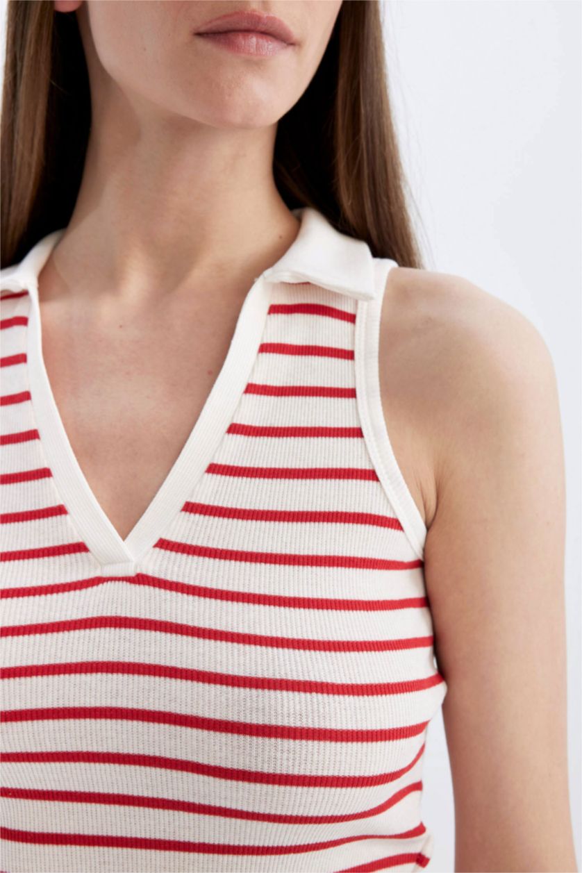 Kadın Kırmızı Slım Fıt Çizgili Polo Yaka Fitilli Kaşkorse Atlet