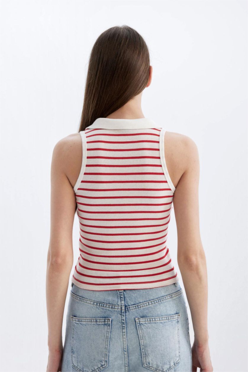 Kadın Kırmızı Slım Fıt Çizgili Polo Yaka Fitilli Kaşkorse Atlet