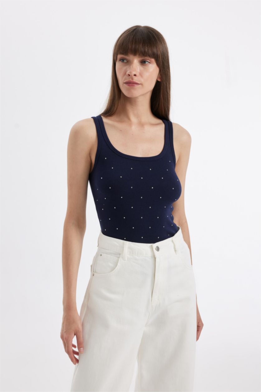 نساء كحلي بلوزة مخططة سليم مضلع برقبة دائرية