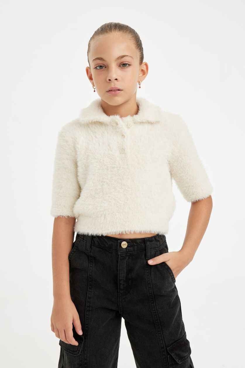 بناتي بيج فاتح بلوفر تريكو بناتي ناعم قصة عادية بياقة بولو