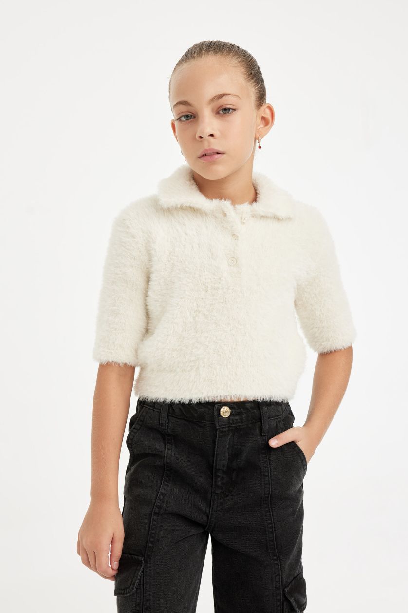 بناتي بيج فاتح بلوفر تريكو بناتي ناعم قصة عادية بياقة بولو