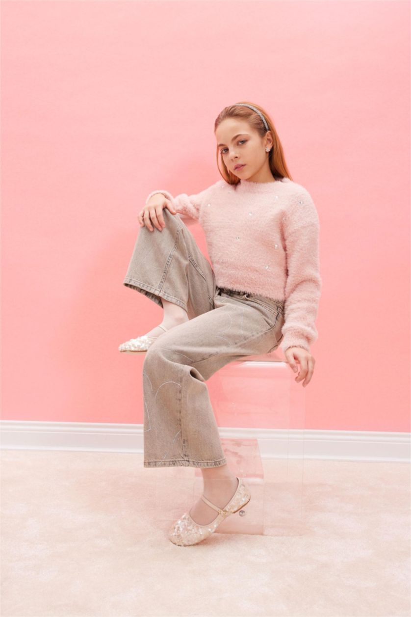 بناتي زهري فاتح بلوفر بناتي كروب برقبة مستديرة وطبعة كريسماس