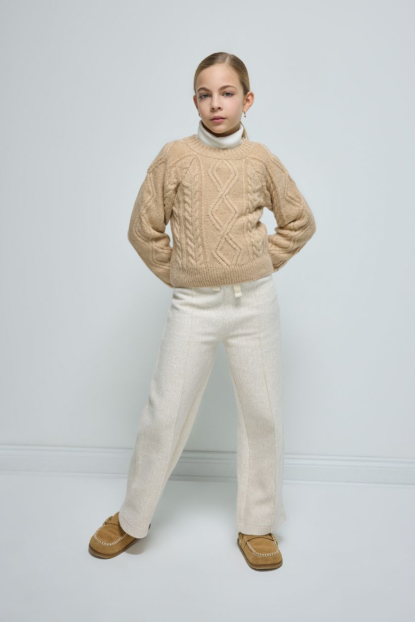 Девочки и подростки Бежевый меланж Свитер стандартного кроя с круглым вырезом для девочек