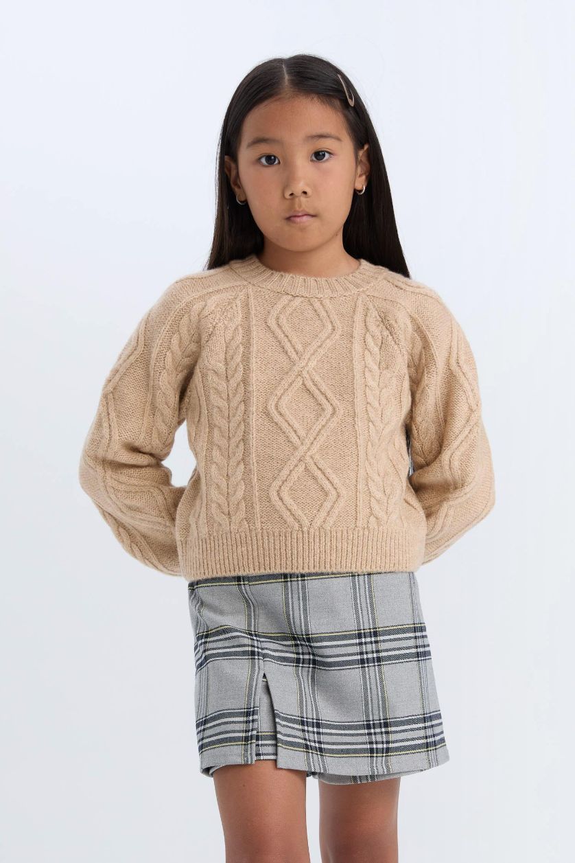 Девочки и подростки Бежевый меланж Свитер стандартного кроя с круглым вырезом для девочек