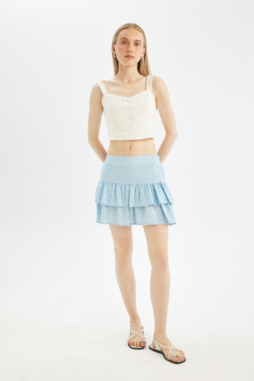 Kadın Mavi Coool Desenli Yüksek Bel Maroken Mini Etek