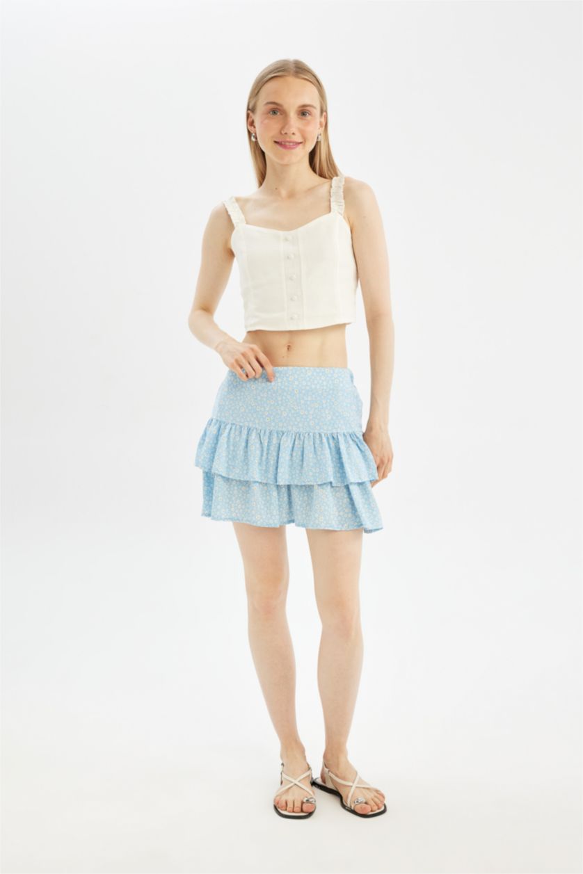 Kadın Mavi Coool Desenli Yüksek Bel Maroken Mini Etek