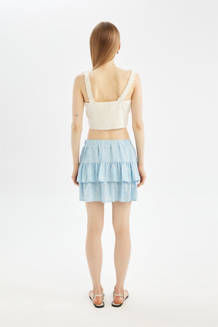 Kadın Mavi Coool Desenli Yüksek Bel Maroken Mini Etek