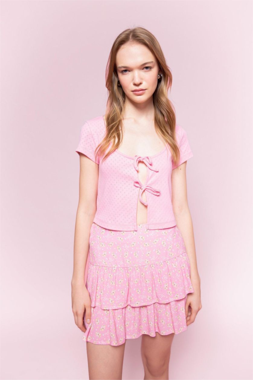 Woman Pink Printed High Waist Mini Skirt