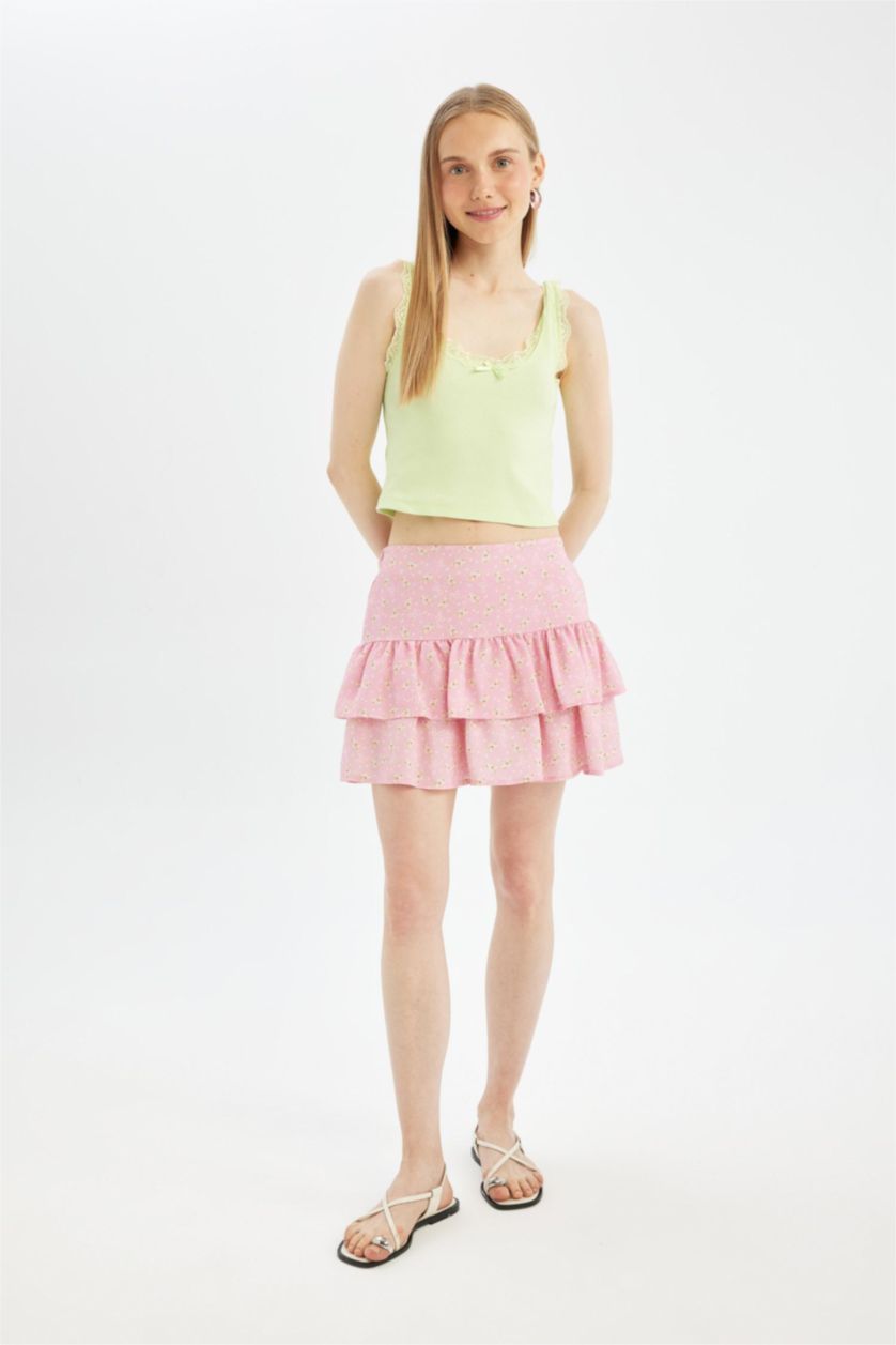 Woman Pink Printed High Waist Mini Skirt