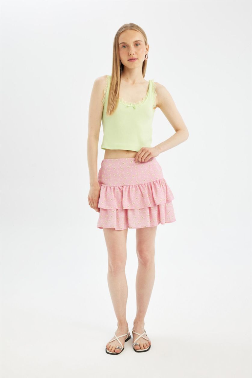 Woman Pink Printed High Waist Mini Skirt