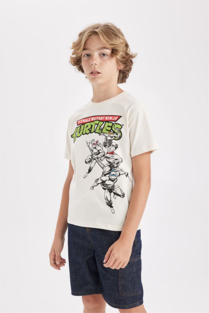 Erkek Çocuk - Genç Erkek Bej Ninja Turtles-Retro Bisiklet Yaka Kısa Kollu Tişört Erkek Çocuk