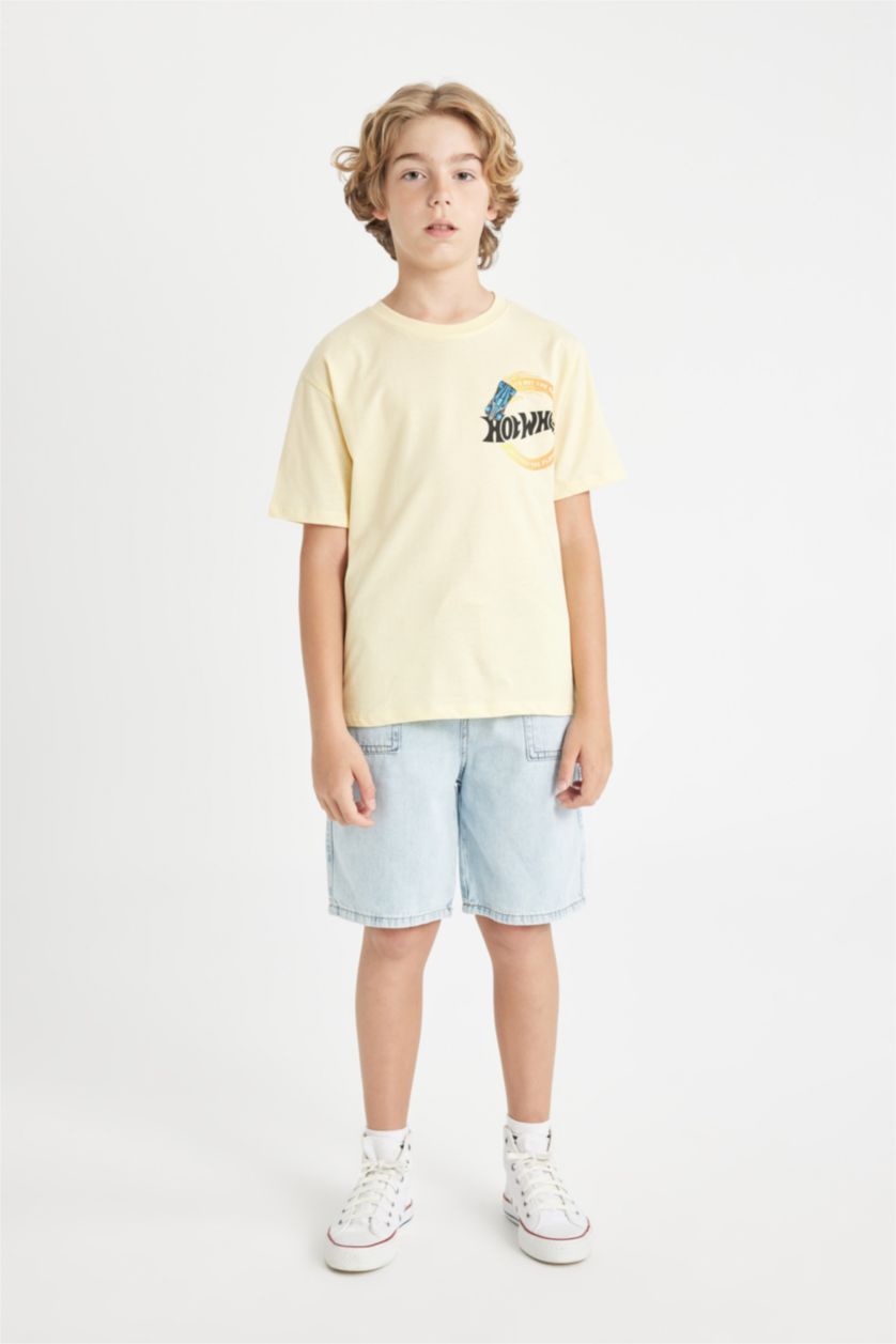 Erkek Çocuk - Genç Erkek Açık Sarı Hot Wheels Bisiklet Yaka Kısa Kollu Tişört Erkek Çocuk