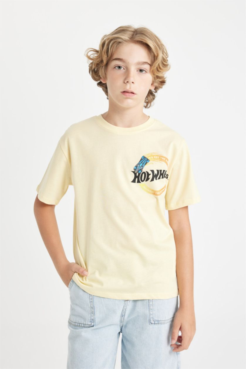 Erkek Çocuk - Genç Erkek Açık Sarı Hot Wheels Bisiklet Yaka Kısa Kollu Tişört Erkek Çocuk