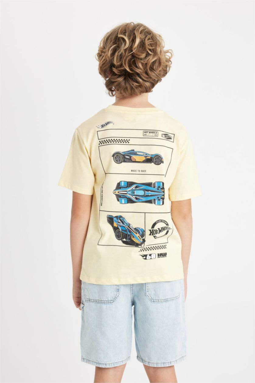 Erkek Çocuk - Genç Erkek Açık Sarı Hot Wheels Bisiklet Yaka Kısa Kollu Tişört Erkek Çocuk