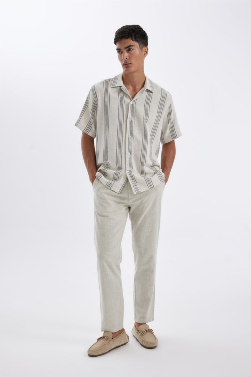 Erkek Taş Relax Fit Çizgili Kısa Kollu Gömlek