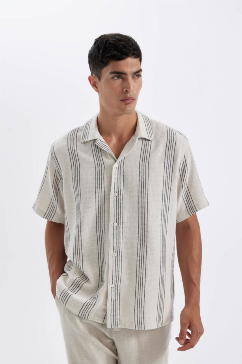 Erkek Taş Relax Fit Çizgili Kısa Kollu Gömlek